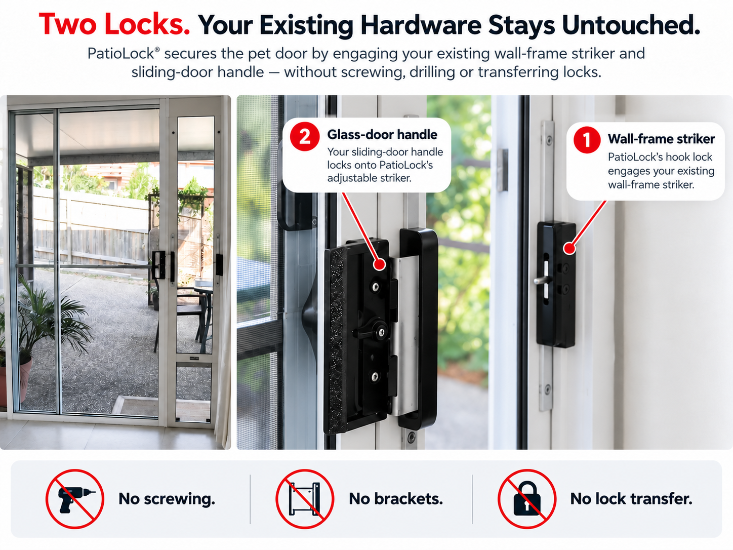 How the two PatioLock locks work: 1. On the wall frame, PatioLock's hook engages the existing striker. 2. On the glass door, the existing door handle engages PatioLock's adjustable striker. No drilling or transferring locks.